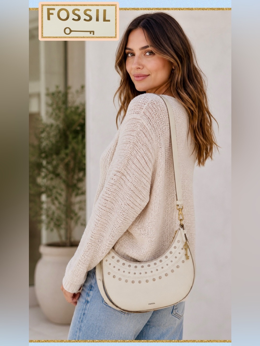 NWT Fossil Shae Leather Crescent  Shoulder | Arm | Cross-Body Bag Cream